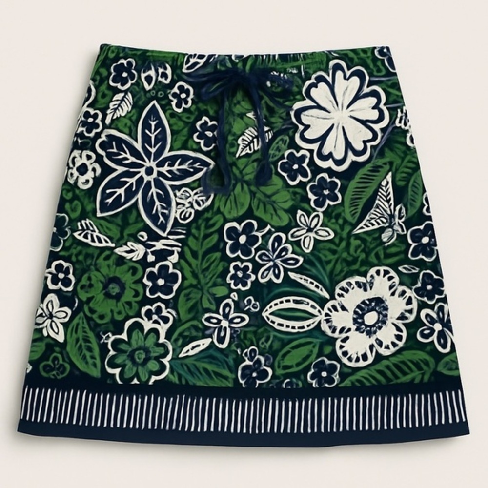 Ann Taylor LOFT Green Navy Multi Tropical Drawstring Skirt Beachy EUC 6 #0326